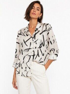 Abstract Brushstroke Button-Up Blouse in Ivory and Black